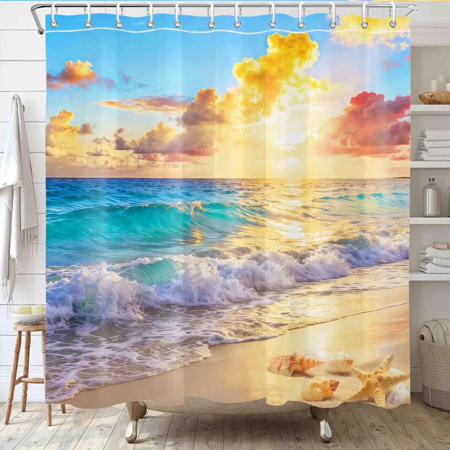 Summer Ocean Beach Shower Curtain Seaside Seacoast Beachy Waves Bathtub Decor Seascape Waterproof Polyester Fabric with Hooks