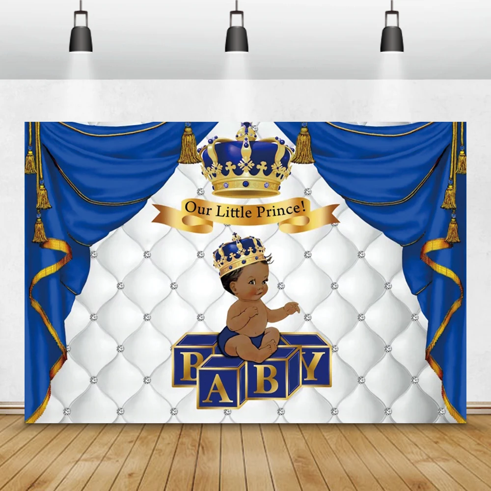 

Prince Backdrops For Photography Baby Shower Baptism Blue Curtain Crown Headboard Poster Banner Portrait Photographic Backdrop