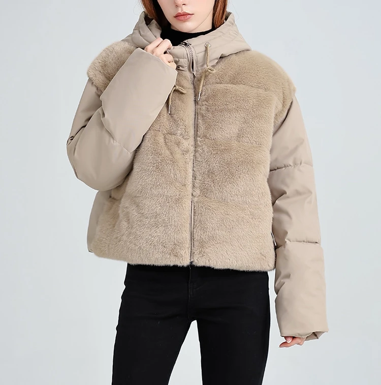 

Autumn Winter Casual Woman Padded Puffer Coat French Warm Fuzz Patchwork Zipper Loose Hooded Short Coats Female Outerwear Clothe