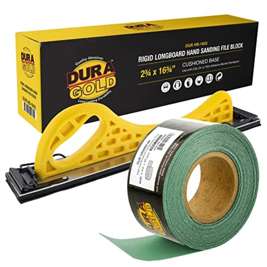 

Dura-Gold Pro Series Longboard Hand Sanding File Sander Block - Hook and Loop Backing and PSA Adapter Pad and 2000 Grit Green S