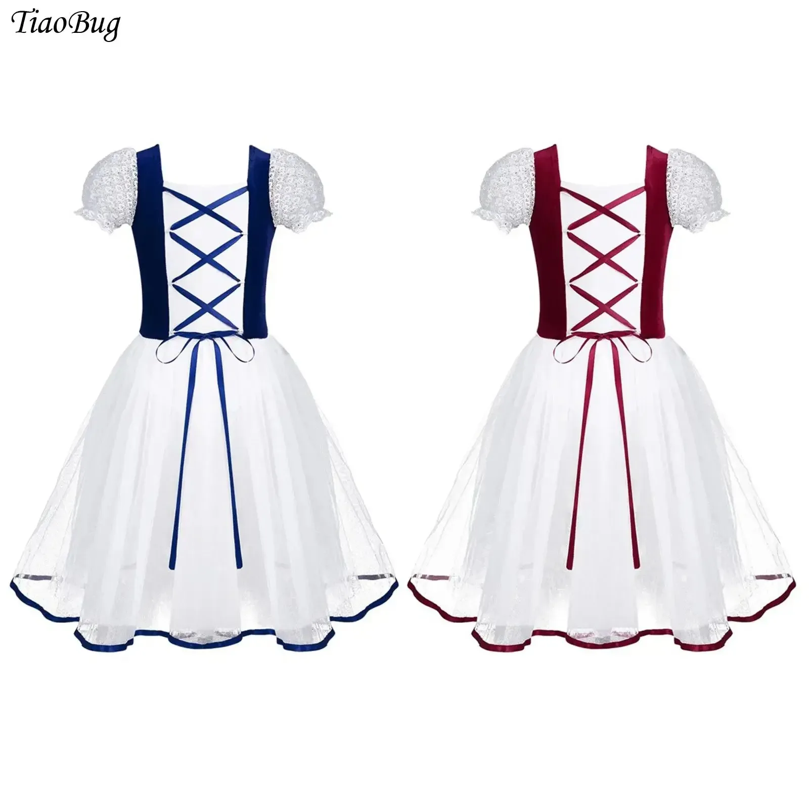 

Kids Girls Ballet Tutu Dress Professional Ballerina Dance Dress Velvet Body Mesh Puff Sleeves Skating Gymnastic Leotard Dresses