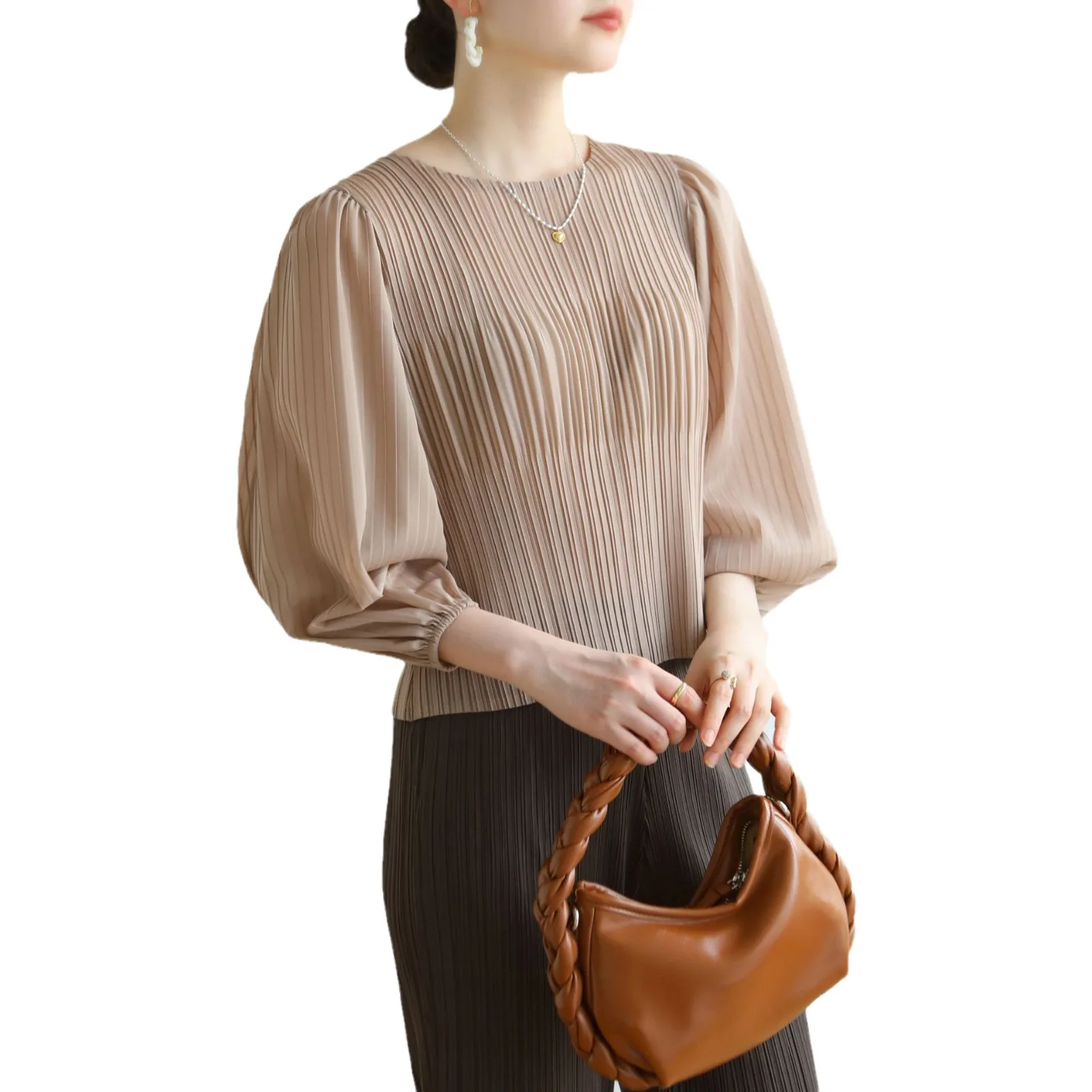 Miyake Pleated Round Collar T Shirt Women Solid Color Versatile Casual Summer Female New 2025 Elegant Lady Clothing