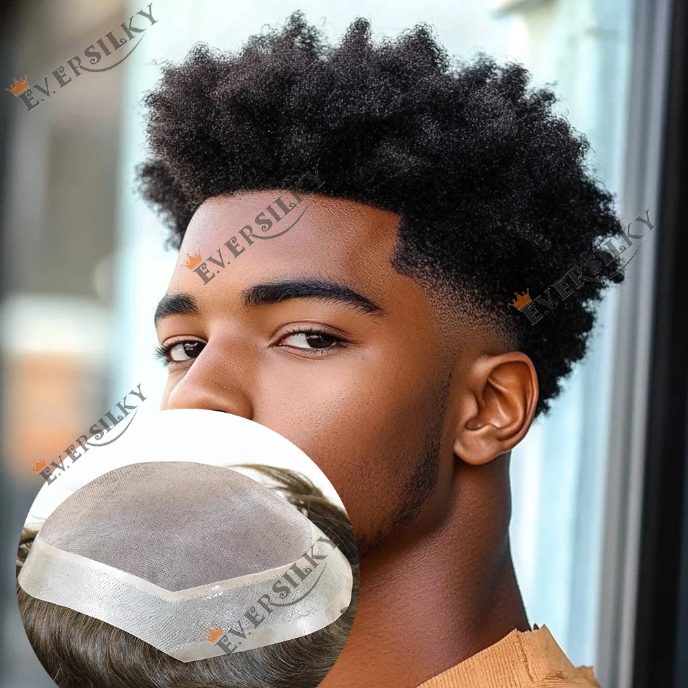 6mm Afro-Locken-Haarsystem Toupet für Männer, Schwarzes Echthaar, Günstiges Haarteil für Männer, Atmungsaktives, Langlebiges Mono-Lace-Oberteil, Prothesensystem – Detail 1