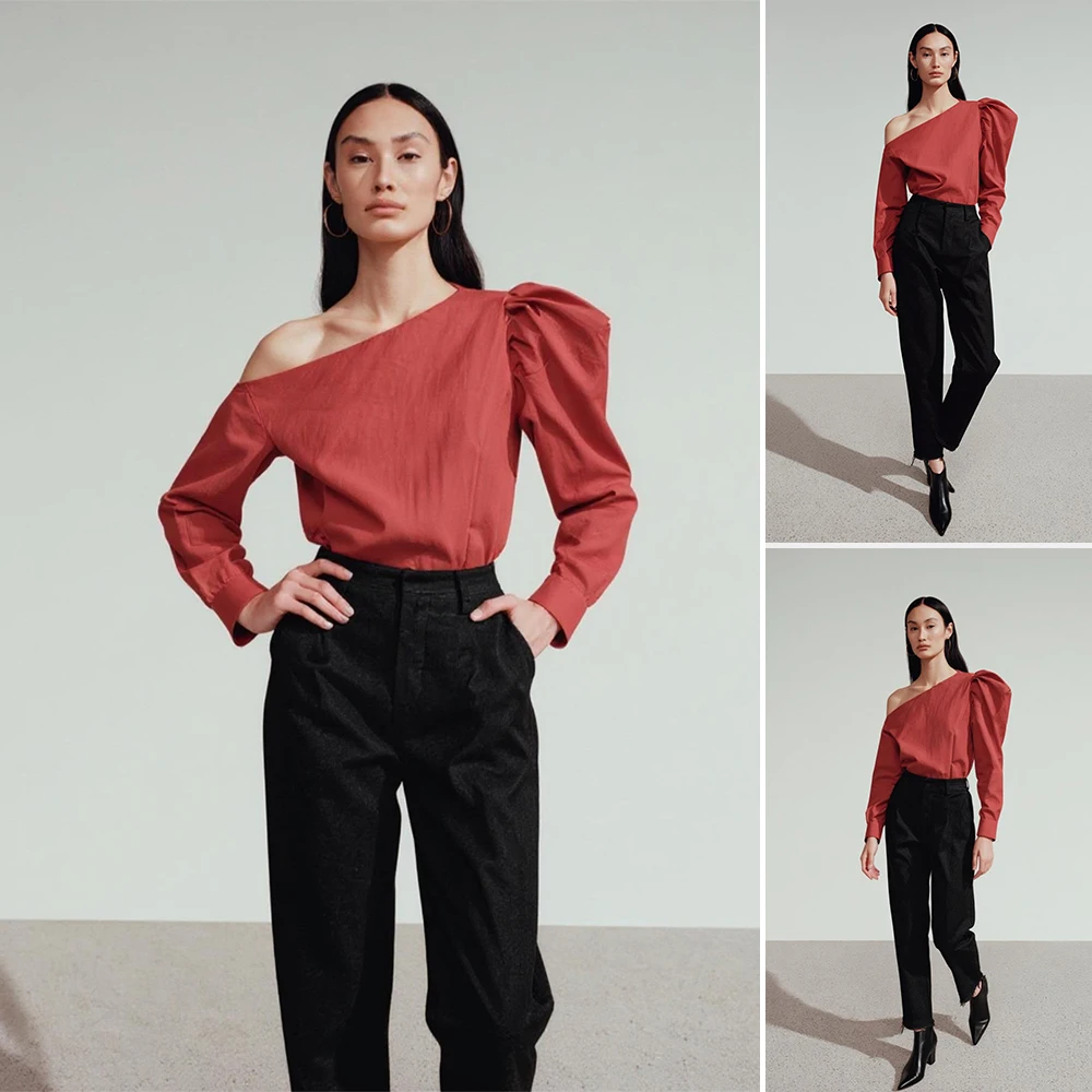 

Mia Muse Boutique женские блузки, летняя мода, 2025 г., шикарные однотонные повседневные блузки с длинными рукавами и одним плечом