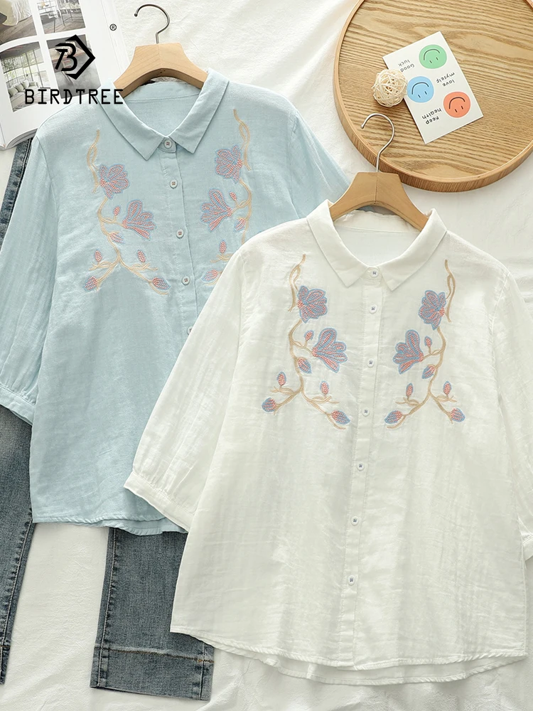 

New 2025 Summer Cotton Yarn Half Sleeve Shirt, Women Turn-down Collar Embroidery, Mori Girl OL Versatile Loose Blouse T56519CC