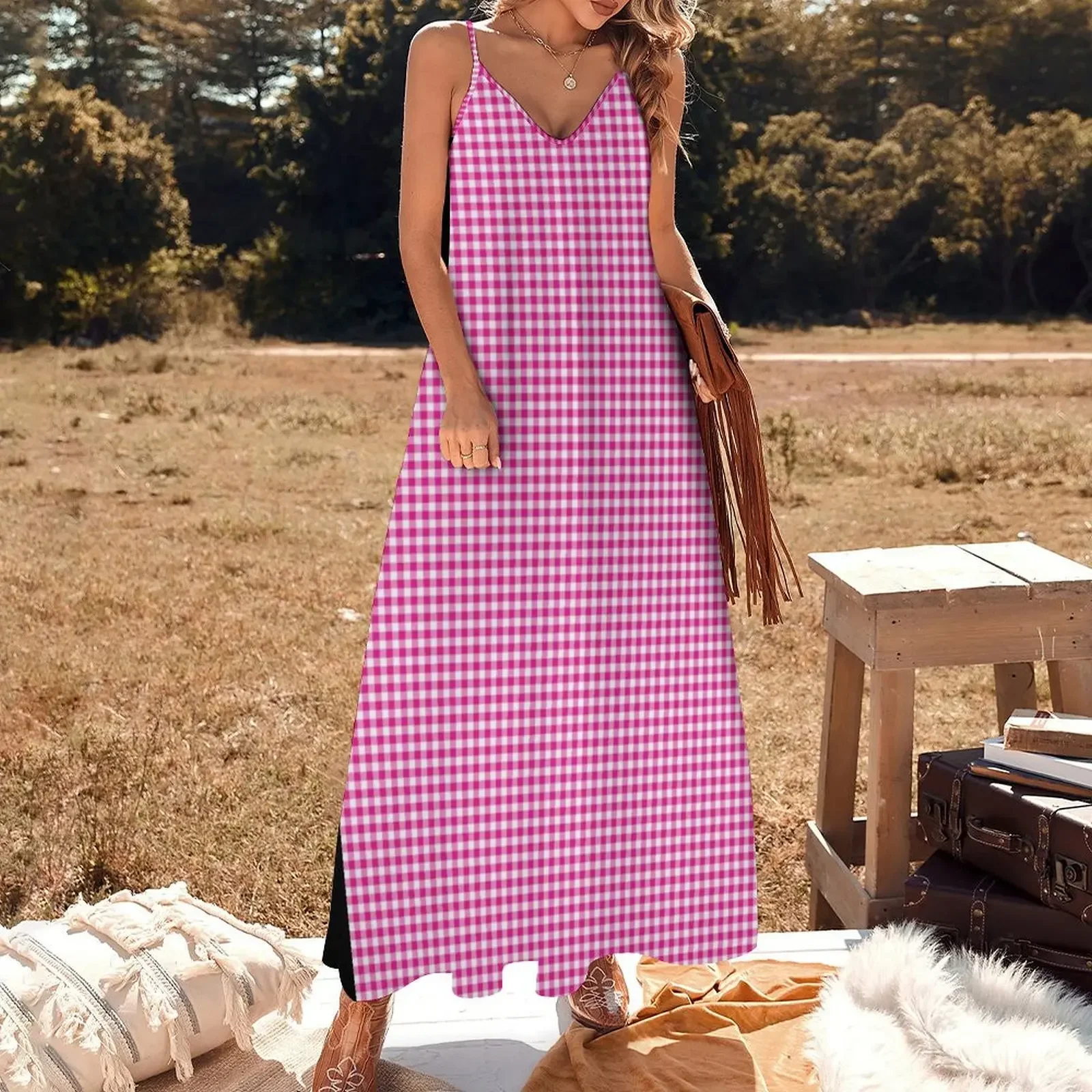 Fuchsia White Gingham Check Sleeveless Dress women dress summer clothes loose women's dress