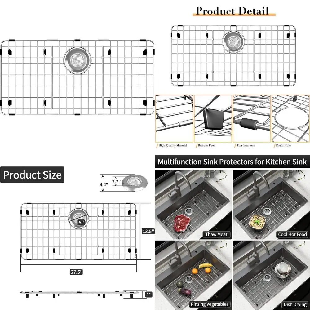 

Kitchen Sink Grid, 27.5x13.5 Stainless Steel Protector, Rear Drain with Rounded Corners