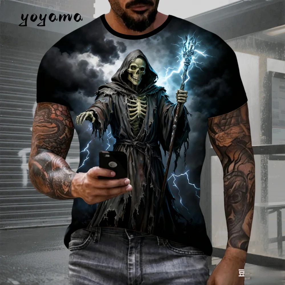 

Мужская футболка с черепом 2025 года, винтажная мужская футболка с 3D принтом ужасов и черепом, летняя мужская одежда большого размера, модные футболки Y2k