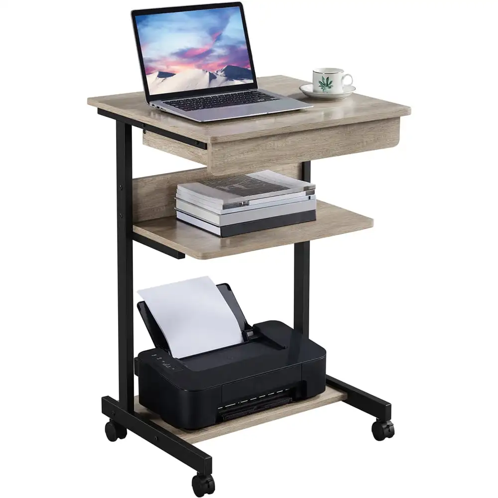 

Rolling Computer Desk with 2 Storage Shelves and Drawer, Rustic Gray