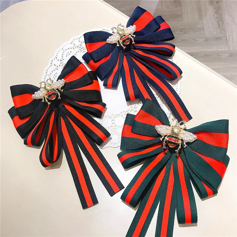 Korean-style Preppy Style Fashion Bee Pearl Bow Brooch Striped Ribbon Bowknot Tie Pin for Women Blouse Shirt Collar Accessory