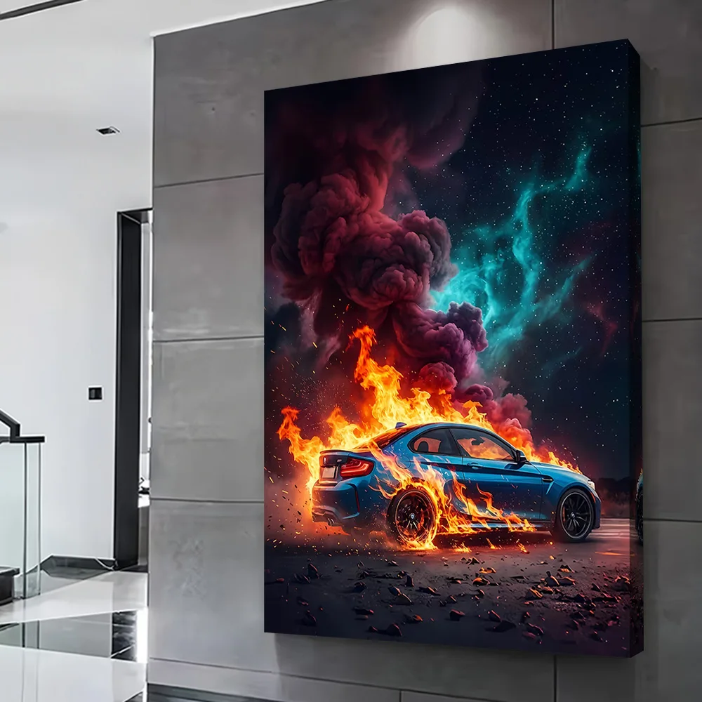 Burning Blue Car in Space Poster Customizable Printed Canvas Painting for Pictures Wall Art Decorative Picture Luxury Decoration