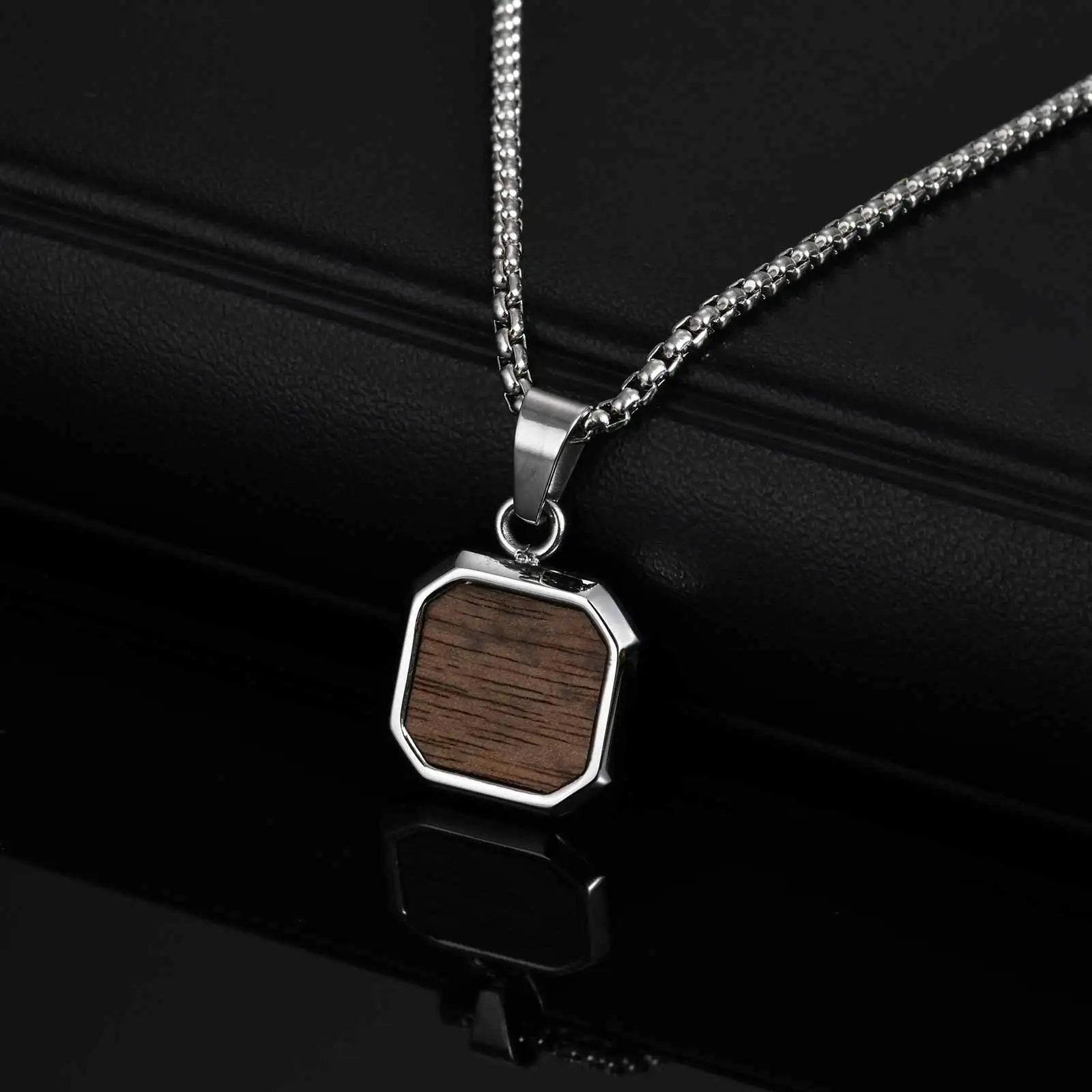 

Trend Wood Square Necklace for Men,Brown Color Stainless Steel Rectangle Pendant Necklaces with Box Chain,50/55/60CM