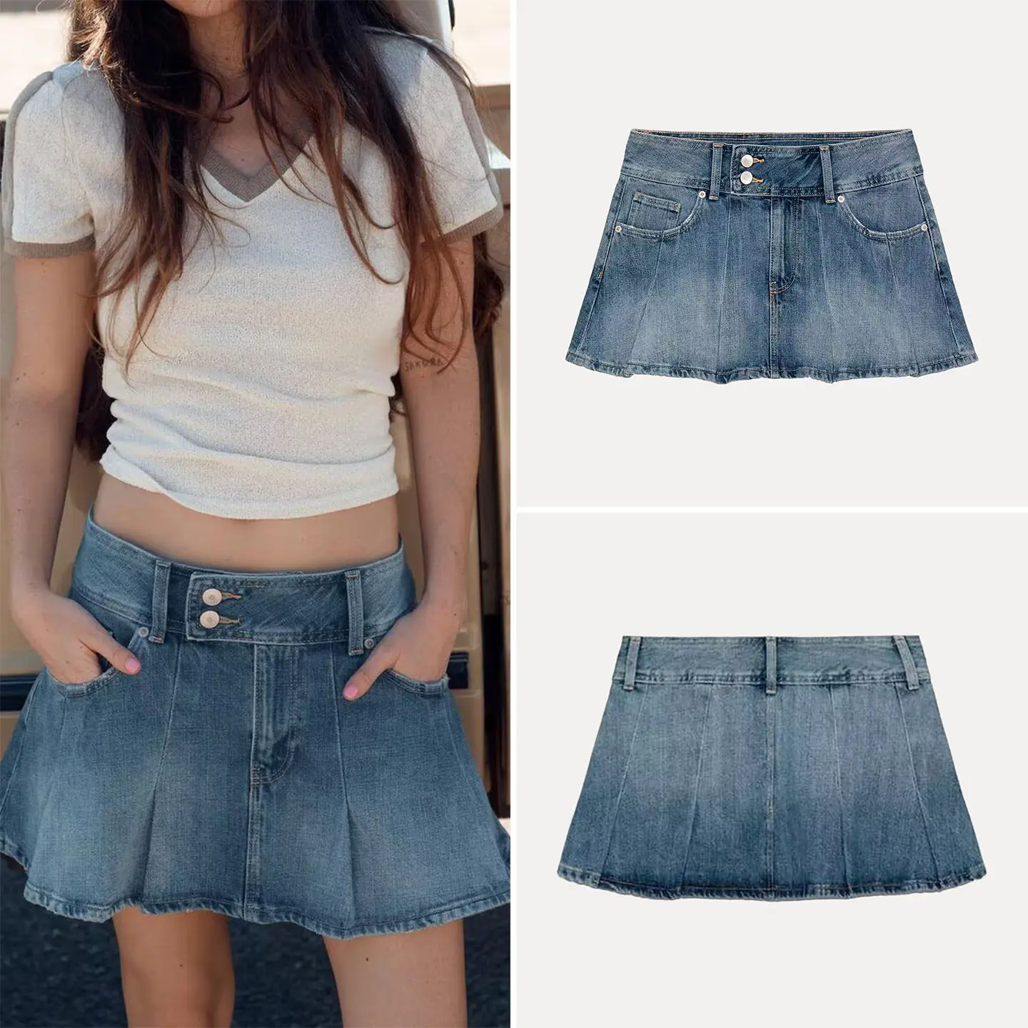 

Женская повседневная джинсовая юбка А-силуэта с широкими складками, средней посадкой, весенняя мода 2026, новинка, стандартный крой