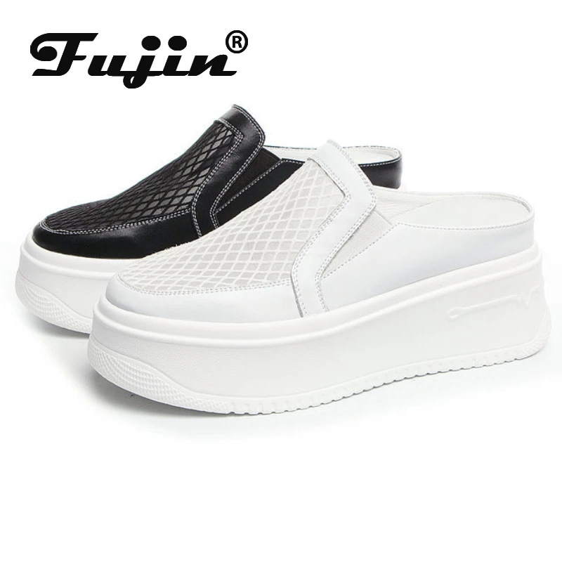 Fujin 8CM Air Mesh Synthetic Slippers Ladies Summer Round Toe High Brand Breathable Women Sandal Shoes Platform Wedge Fashion