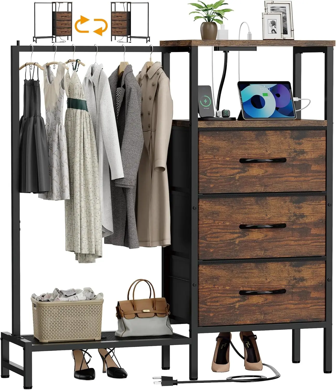 

Fabric Dresser with Hanging Rack, 3 Drawers Closet Charging Station, Storage Organizer for Bedroom Hallway Entryway, Brown