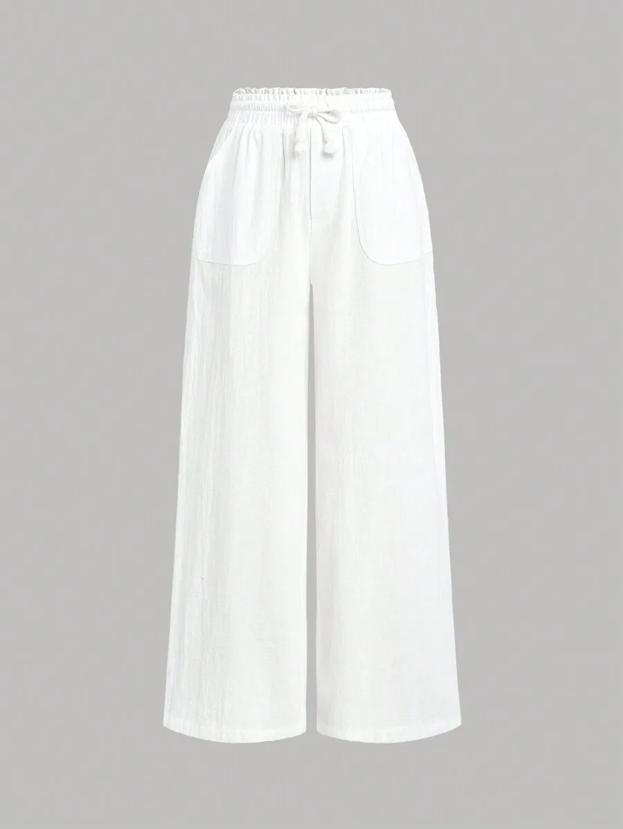 

White Wide-Leg Cotton Pants with Elastic Waist and Front Pockets