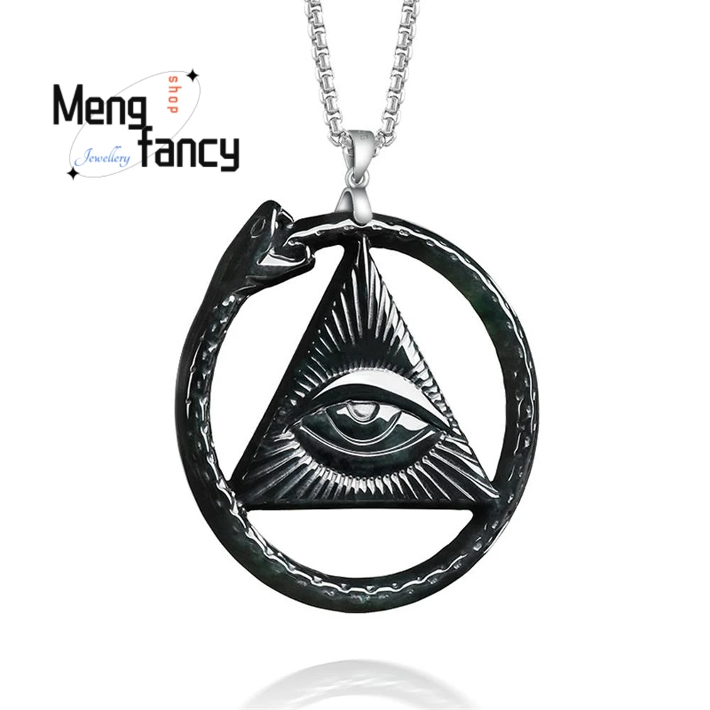

Natural Burmese A-grade Jadeite Black Jade Ouroboros Eye of Providence Pendant S925 Silver Buckle Personalized Fashion Jewelry