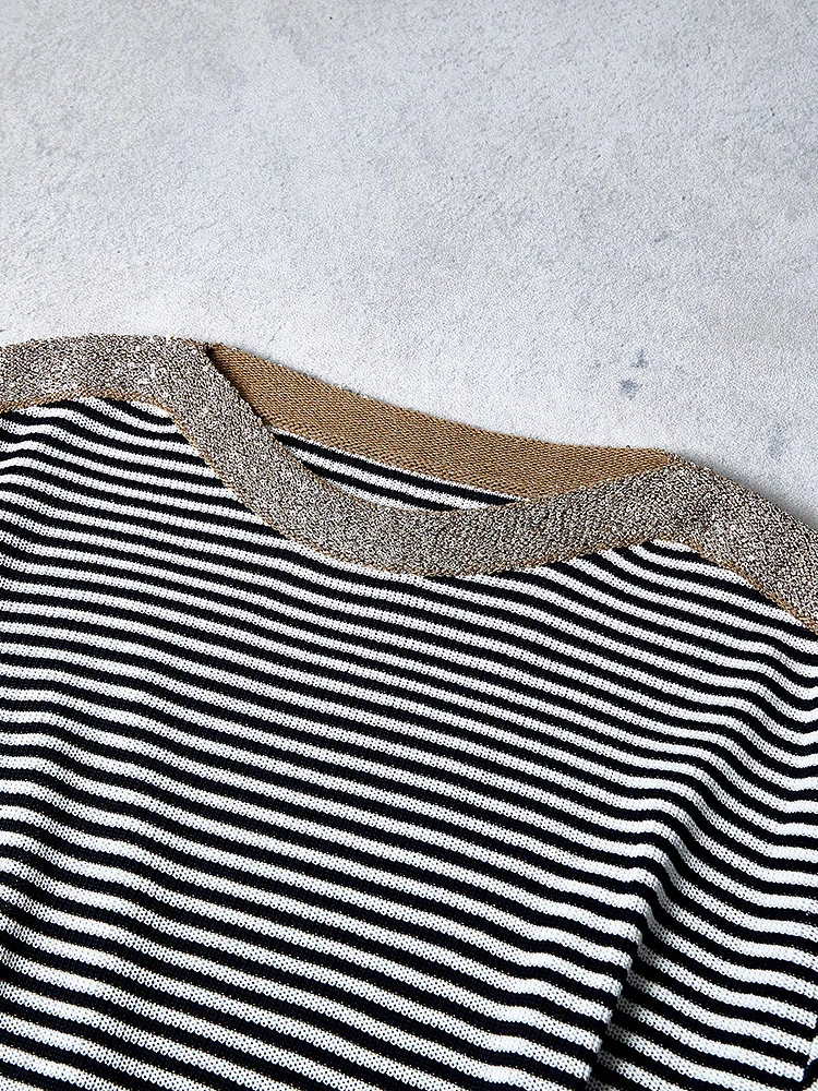 

Женский весенне-летний новый универсальный полосатый свитер с блестками B*C