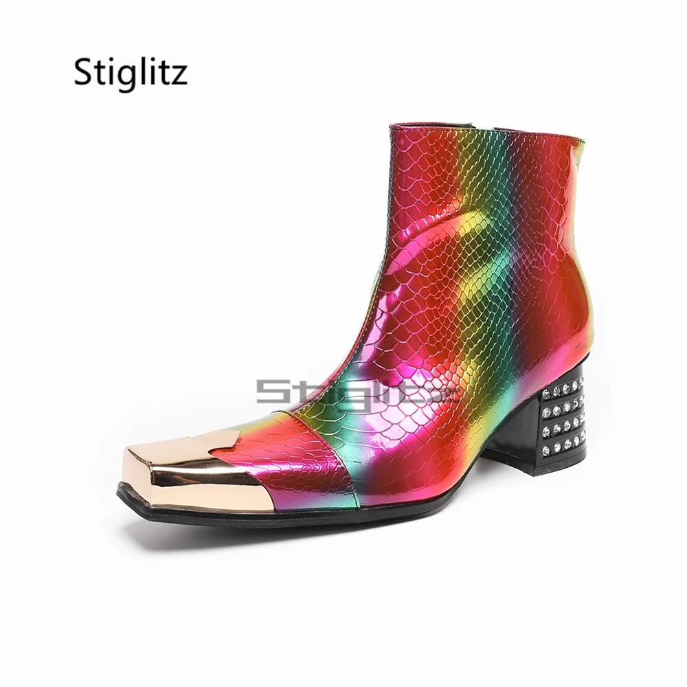 Rainbow Snake Print Ankle Boots for Men Metal Square Toe Side Zipper Chelsea Boots Rhinestone Chunky High Heels Party Shoes