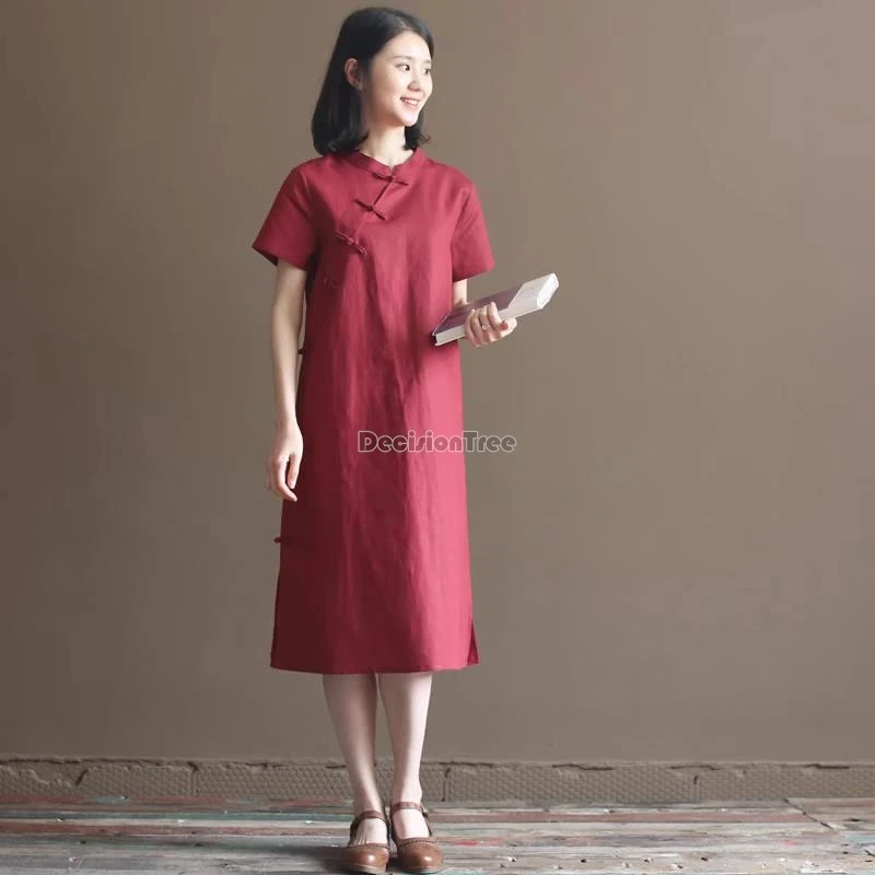 2024 new retro chinese style cotton linen qipao young lady literature art temperament cheongsam stand collar split button dress