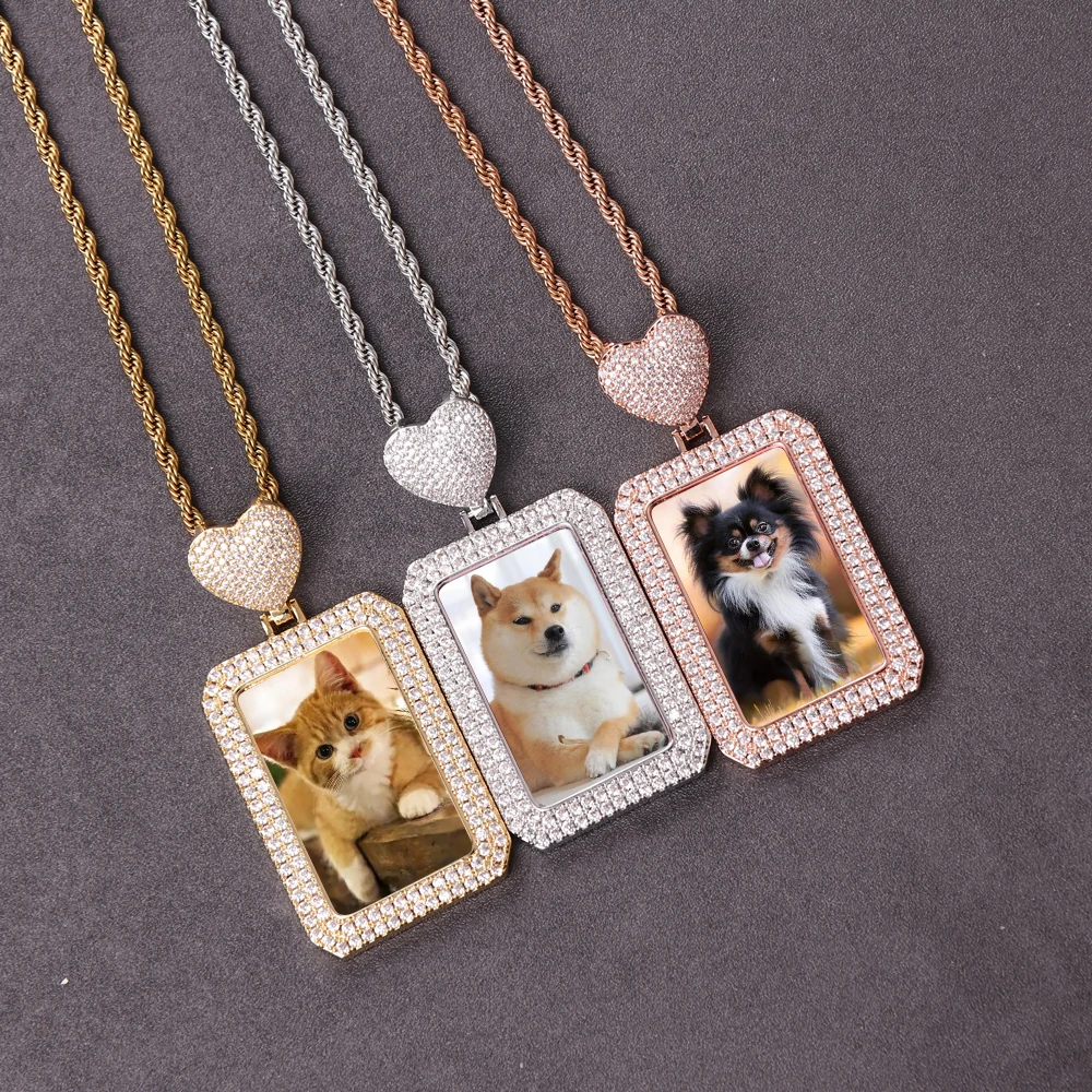 Hip Hop Fashion Custom Heart Hook Picture Pendant Square Shape Frame Inlaid CZ Zircon Photo Memory Medal Photo Pendant Necklaces