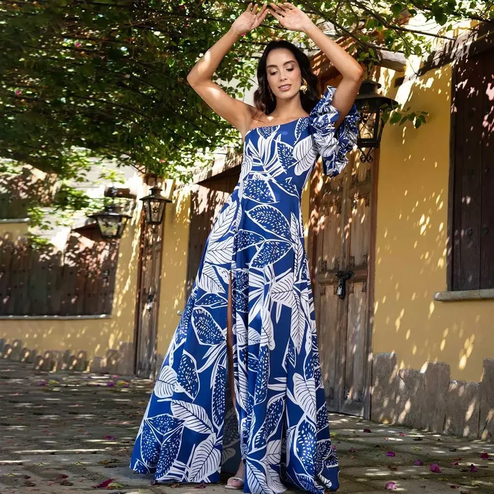 

Ruffle Printed Swimsuit for Women Blue One Shoulder , Vacation Beachwear, Luxury Bathing Suit, Bikini Set Swimwear