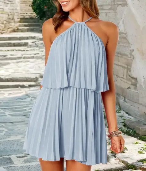 Feminino sexy camisola dupla camada vestido plissado 2025 verão novo estilo praia feminino doce moda babados vestidos de linha a