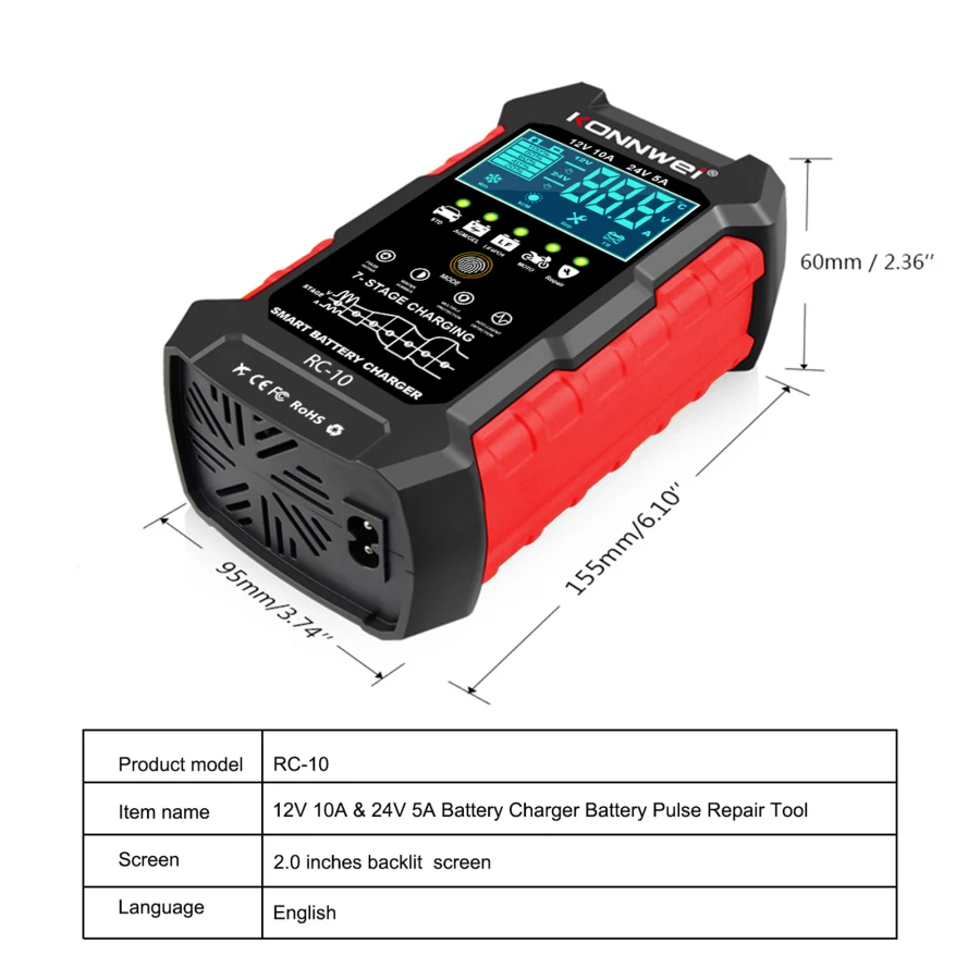 Konnwei RC-10 12V 10A & 24V 5A Battery Charger Battery Pulse Repair Tool for Lead-acid Automotive, Marine, Deep-cycle Batteries