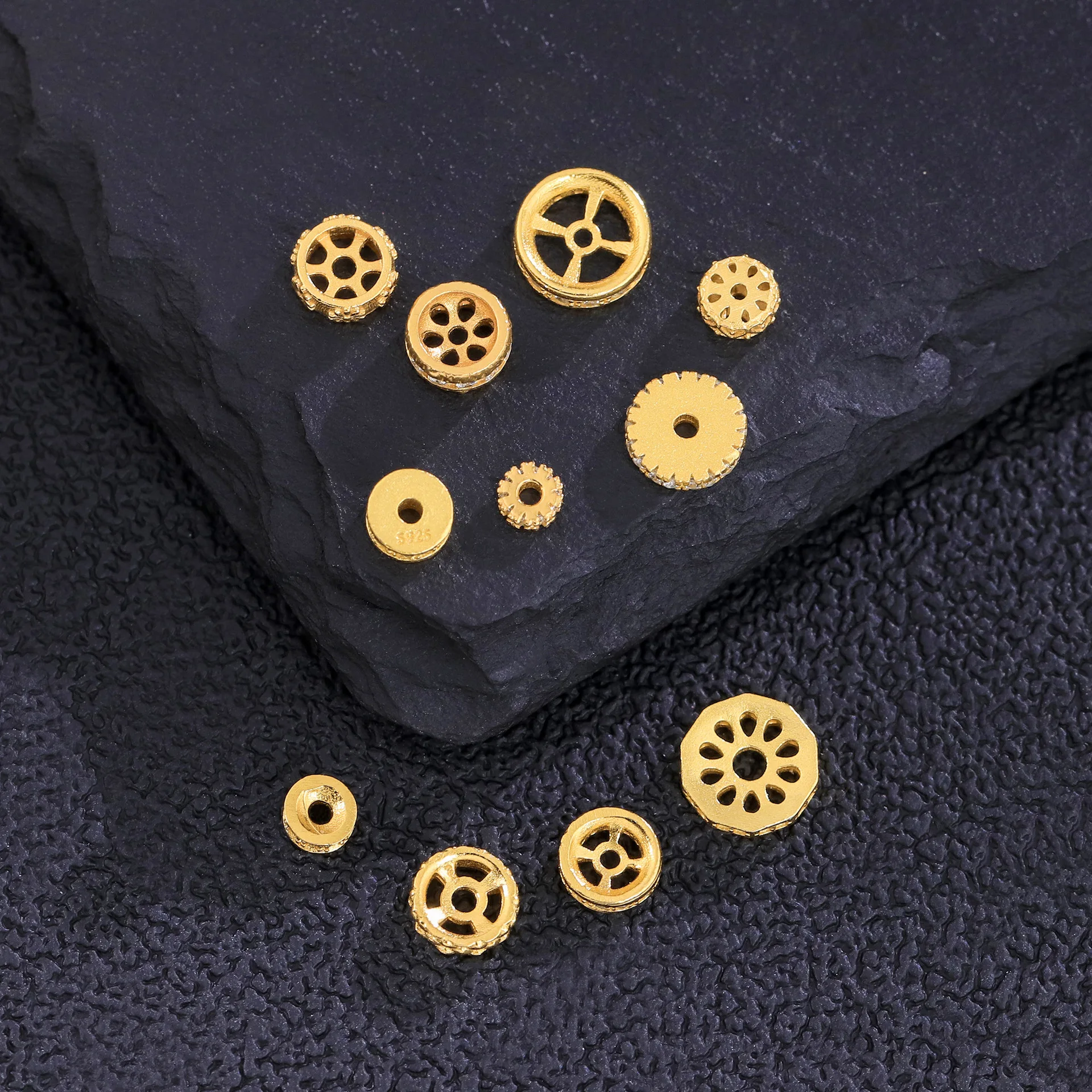 Chinese Style Lucky Wealth Attracting 925 Sterling Silver Gold Plated Ancient Craft Inlaid Zircon Round Spacer Beads For Diy Bra