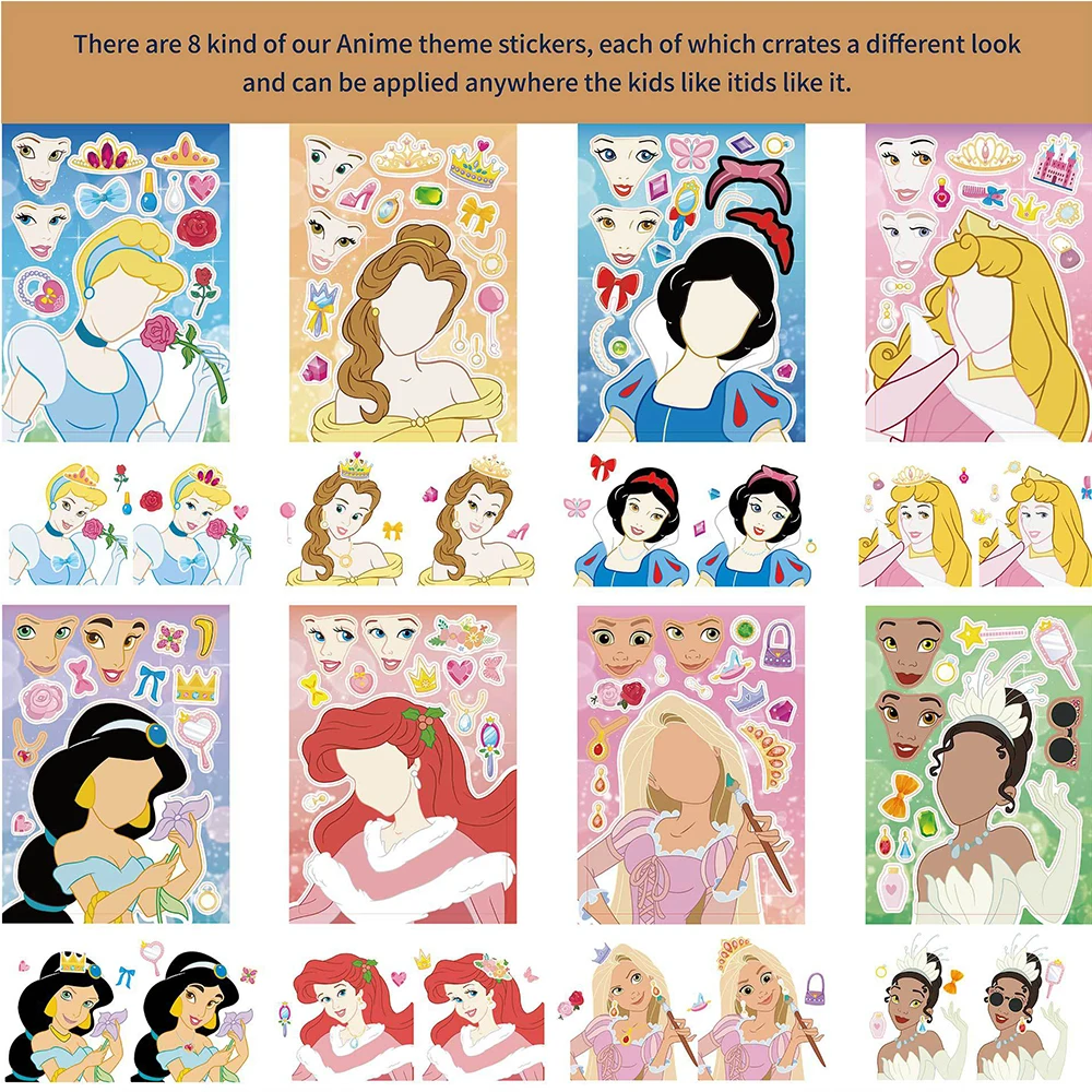 Disney Princess Puzzle Stickers para crianças, Anime Jigsaw Decal, Engraçado montar, Decoração de festa, Gift Toy for Children, Make A Face, 8 folhas, 16 folhas