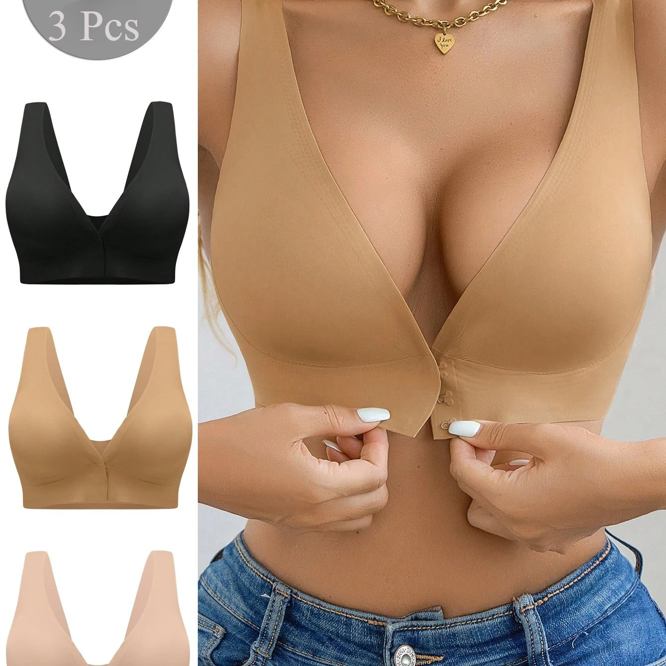 

3 Pcs Women' Deep V Wire-free Bras Wide Strap Front Closure Sexy Push Up Seamless Bralettes For Cup A B C D