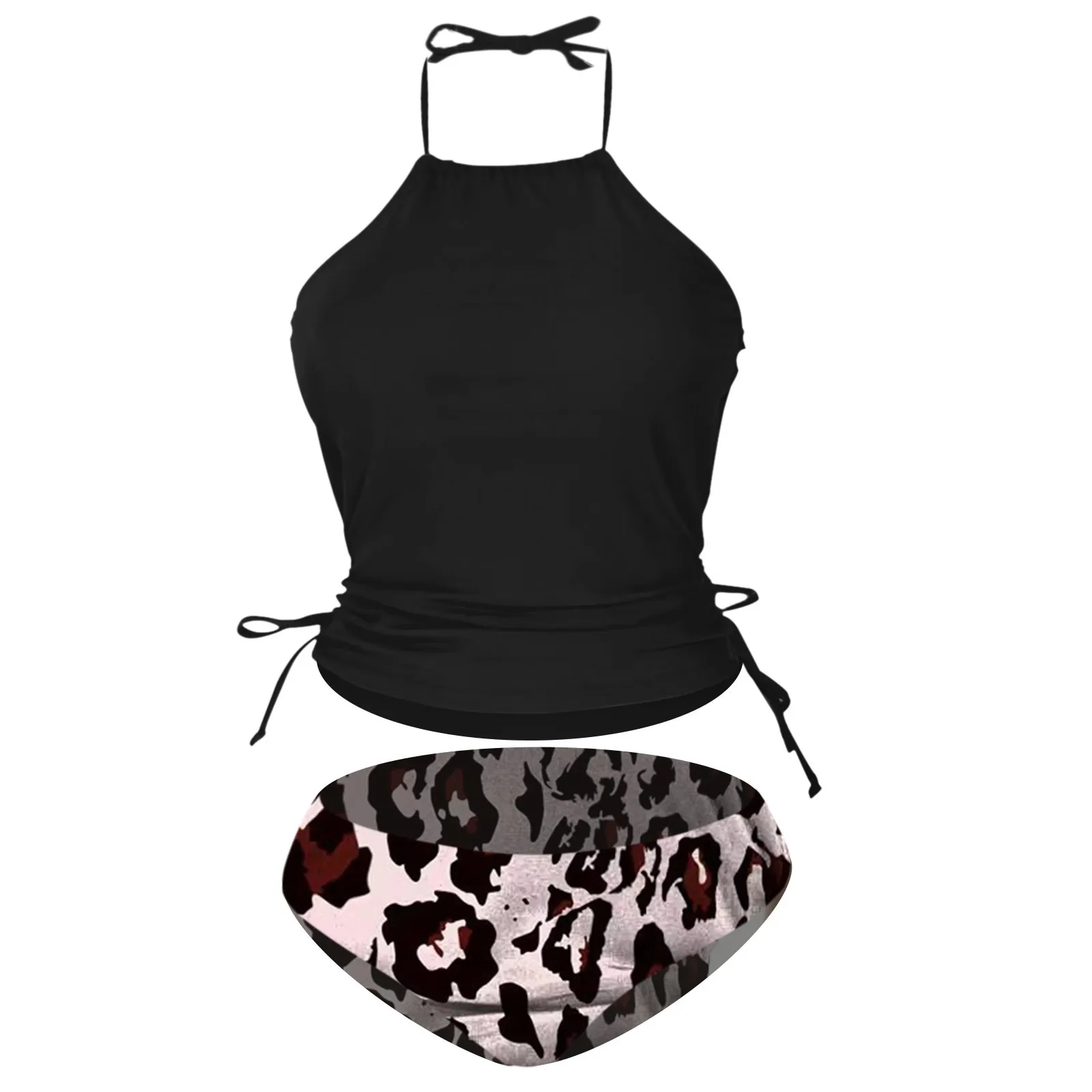 Damski strój kąpielowy Jednokolorowy sznurek z boku Halter Neck Tankini Set Czarny zestaw bikini Dwuczęściowy kostium kąpielowy Kostiumy kąpielowe