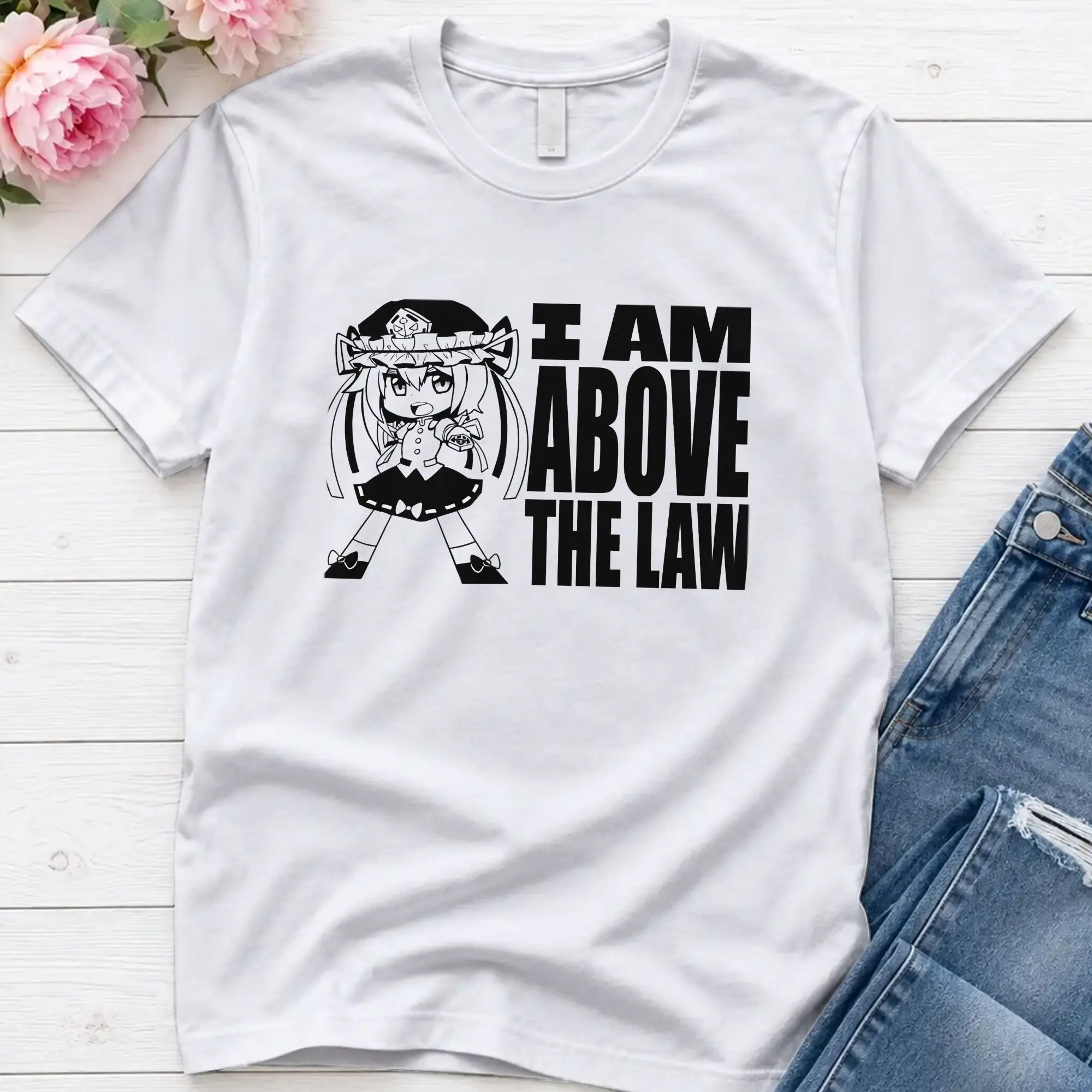 Touhou  Above The Law  T-Shirt Beach Touhou Project Novelty T Shirts Men Cotton O-Neck Plus Size 5XL Clothes Short Sleeves Tops