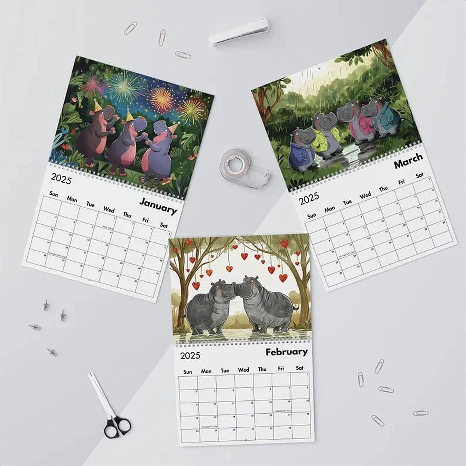 Whimsical Hippos Calendar 2025 12 Months Wire-Binding Wall Calendars for Study Bedroom Office Use