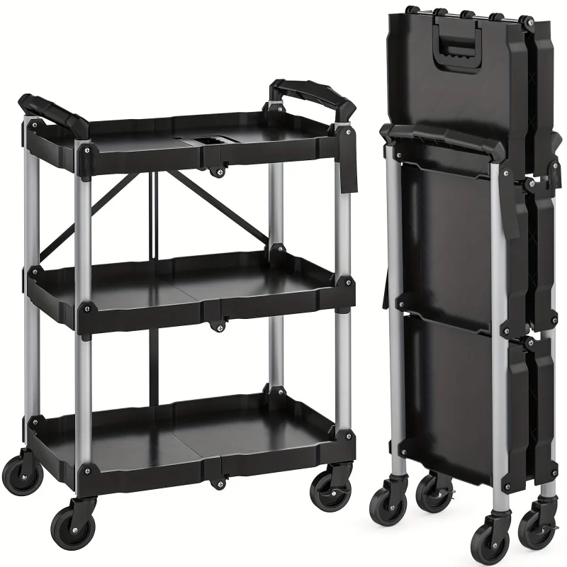 Carro de servicio utilitario plegable, carro plegable de 3 niveles de 240 libras con ruedas Carro plegable con ruedas con 360 ° Ruedas giratorias