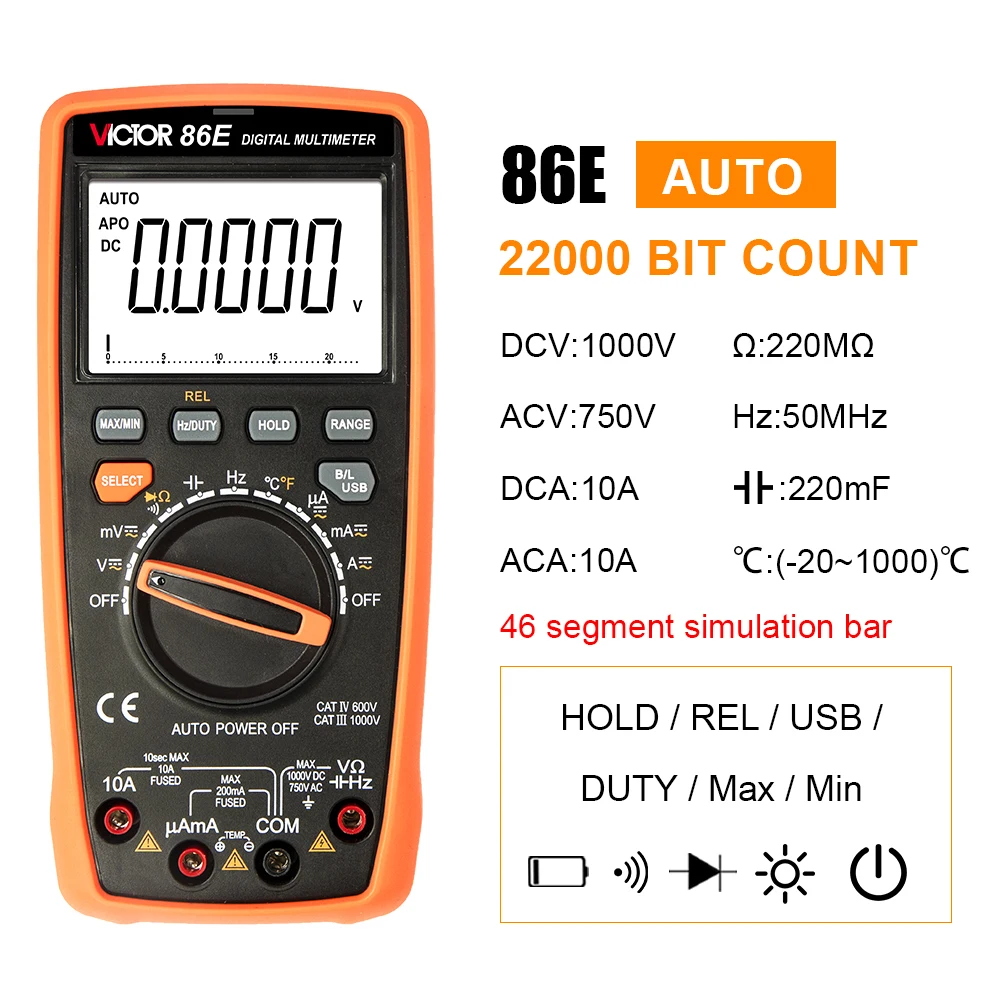 Victor 86E Digital Multimeter 22000 Counts Professional Current  Ohm Hz AC/DC Transistor Voltmeter Capacitance Resistance Tester