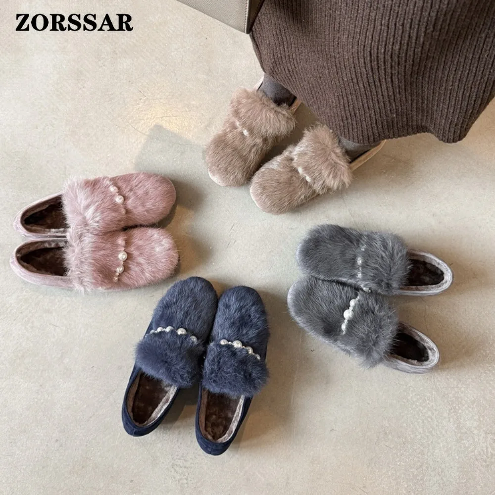 Winter Warm Womens Flat Shoes Outdoor Cotton Slippers with Thick Sole Anti-Slip Warm Footwear Soft Bottom Plush Flats Loafers
