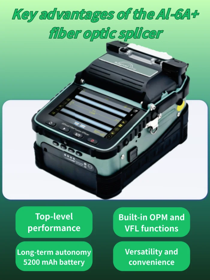 

Сварочный аппарат для оптического волокна Сигнал Fire AI-6A + 6 двигателей Выравнивание сердечника 8S Сращивание 18S Отопление Встроенный OPM VFL Держатель 3-в-1