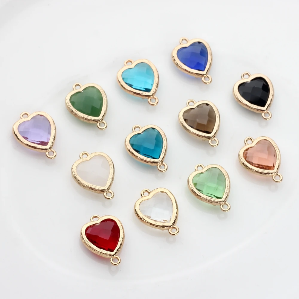 Glass Charms Copper Double Hole Connectors Glass Heart Stone Charms Pendant 12pcs/lot 13*18mm For DIY Jewelry Making Accessories