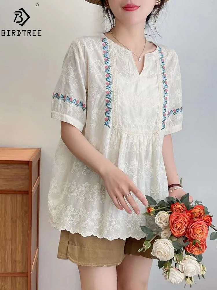 

New Spring Cotton Loose Shirt Women Short Sleeve Floral Embroidery OL Tops Girl Sweet Fashion Casual Blouse 2024 Summer T45371QM