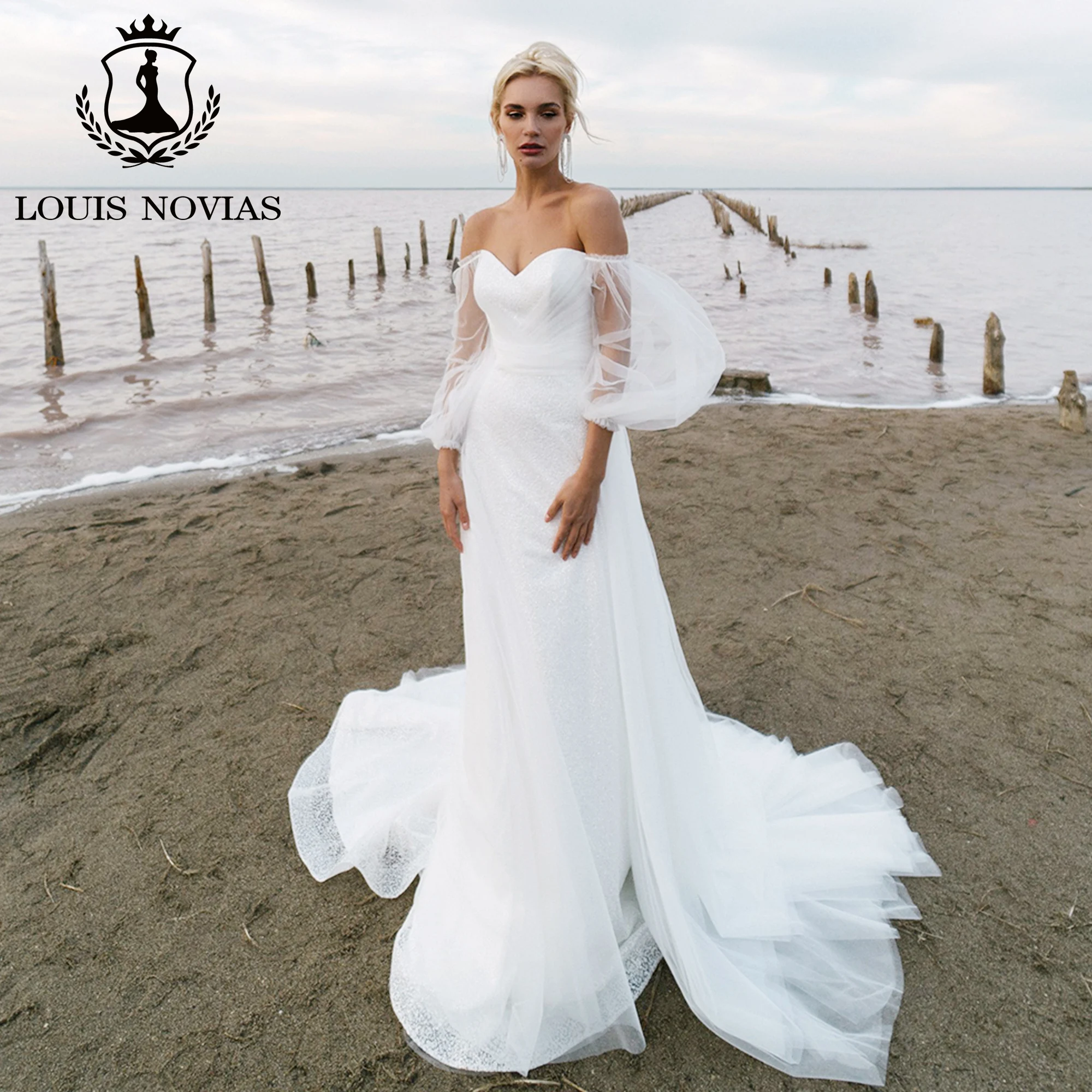 LOUIS NOVIAS Mermaid Wedding Dress For Women 2023 Shining Sweetheart Puff Sleeve Detachable Train Wedding Gown Vestidos De Novia