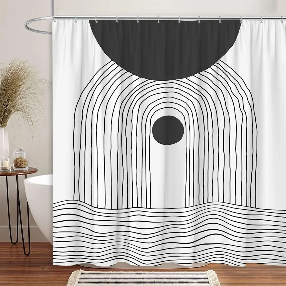 Black and White Shower Curtain, Abstract Mid-Century Modern Minimalist Geometric Line Art Aesthetic Vintage Bathroom Decoration