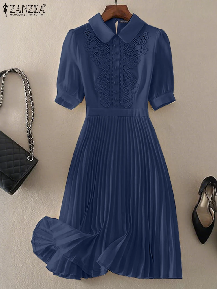 ZANZEA 짧은 퍼프 슬리브 Pleated 파티 드레스 턴 다운 칼라 빈티지 레이스 패치 워크 우아한 가운 Femme Women Midi Vestidos