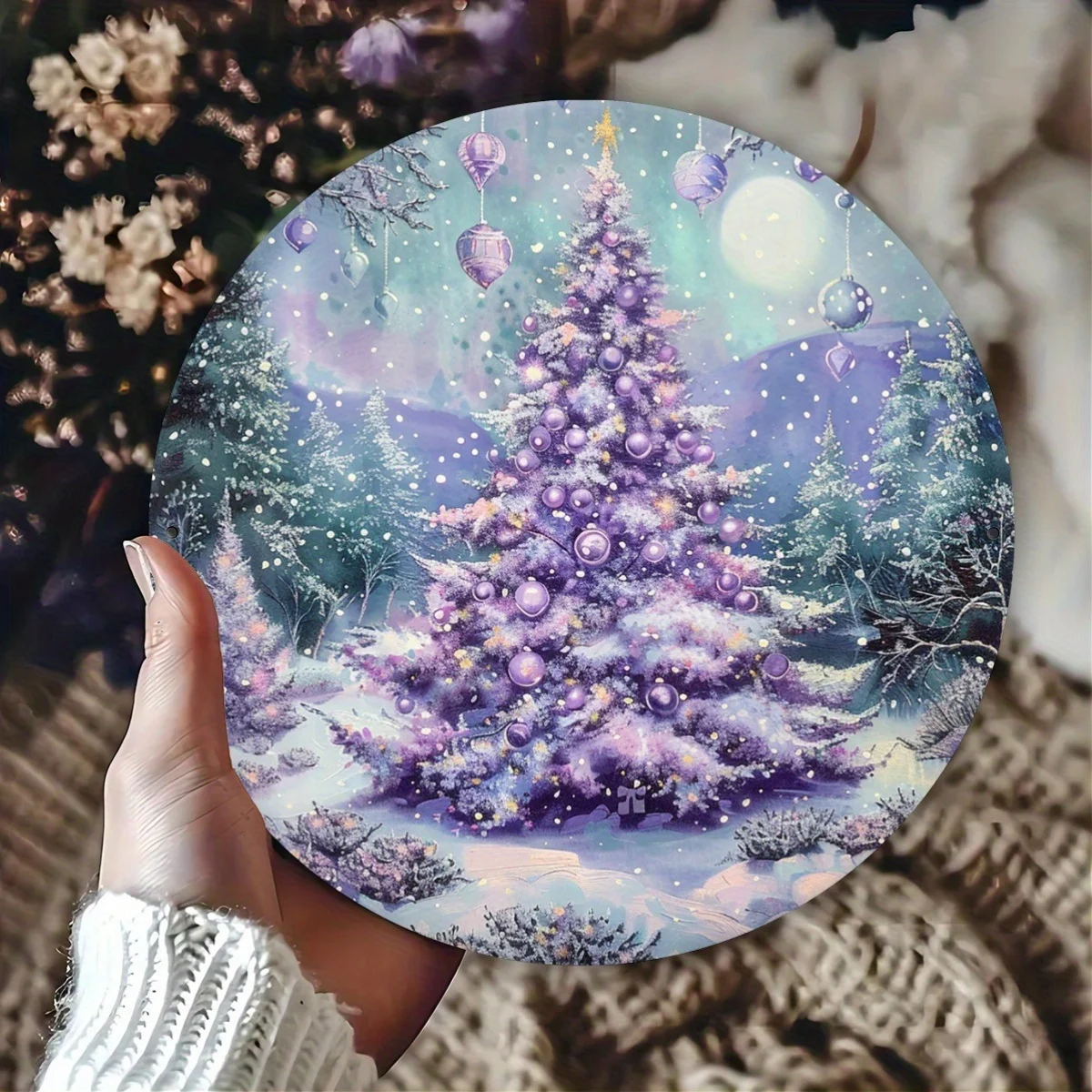 1 Stück romantischer Weihnachtsbaum, lila Schneeszene, rundes Aluminiumschild – 20,3 x 20,3 cm, 2D-gedruckte Metallwandkunst für Zuhause, Küche, Garten