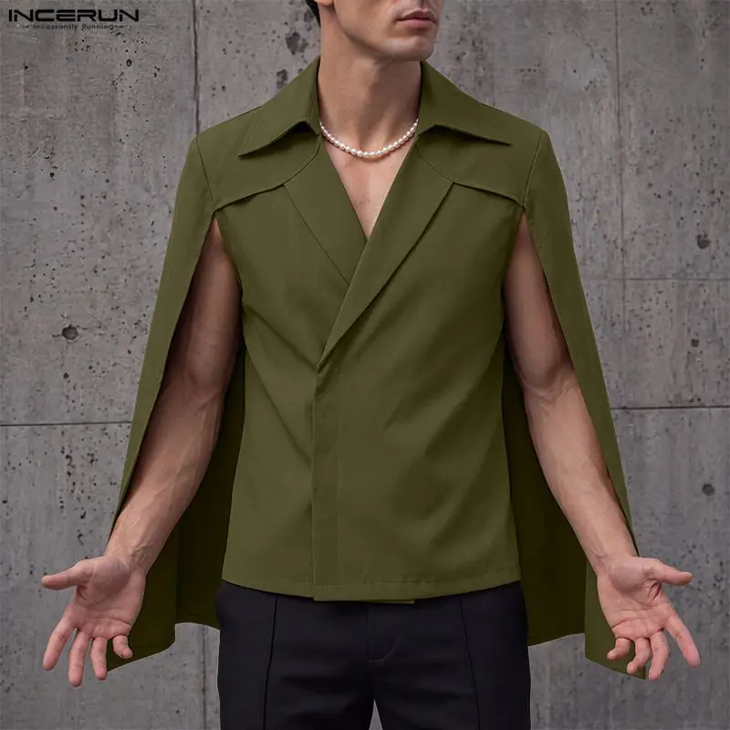 Men's Jackets Cloak Solid Color Cape Lapel Long Sleeve Casual Ponchos For Man Streetwear Fashion Male Irregular Coats INCERUN