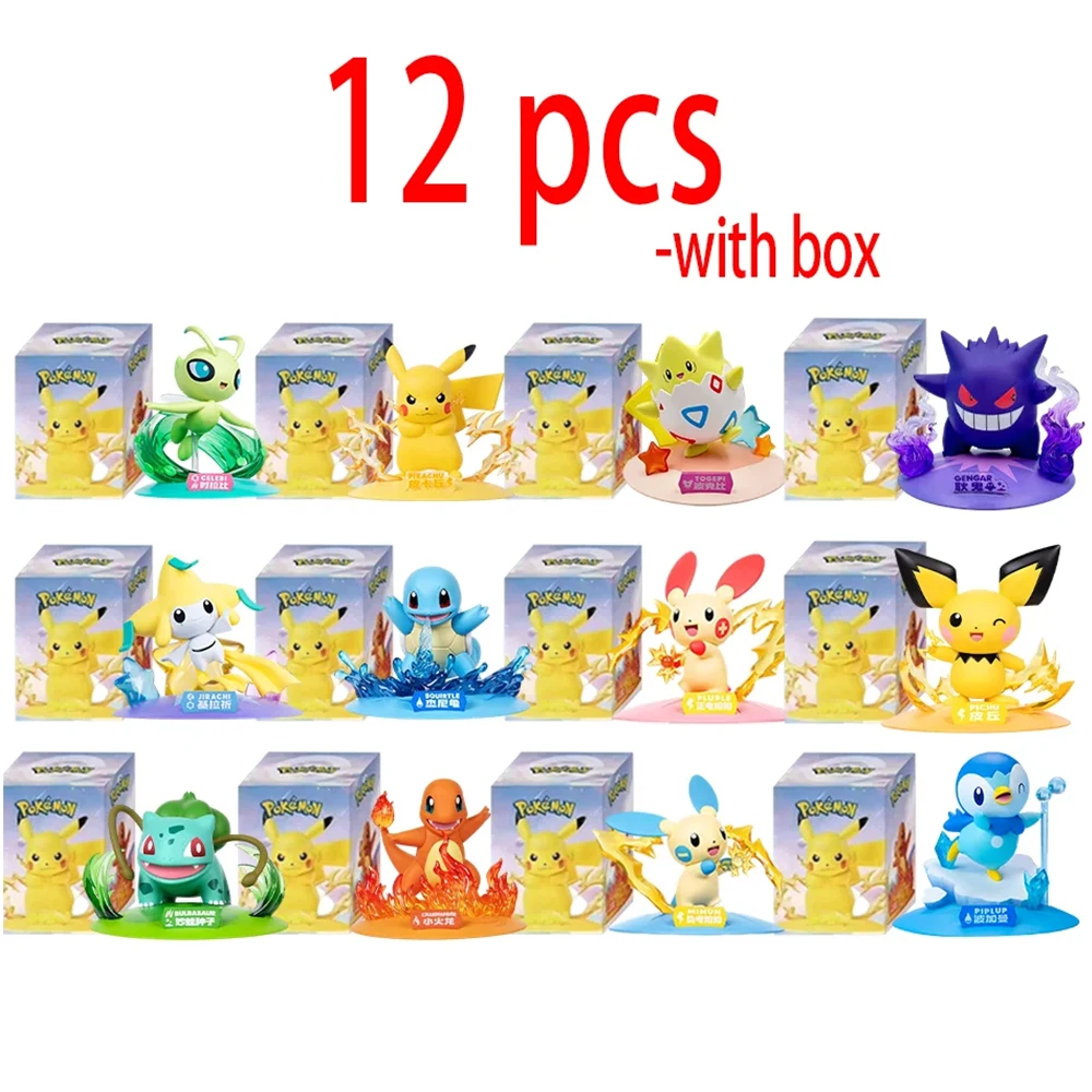 12 figurines d'action Pokémon Pikachu, boîte mystère, modèles d'anime, décorations de bureau, jouets Pokémon, cadeaux d'anniversaire pour enfants