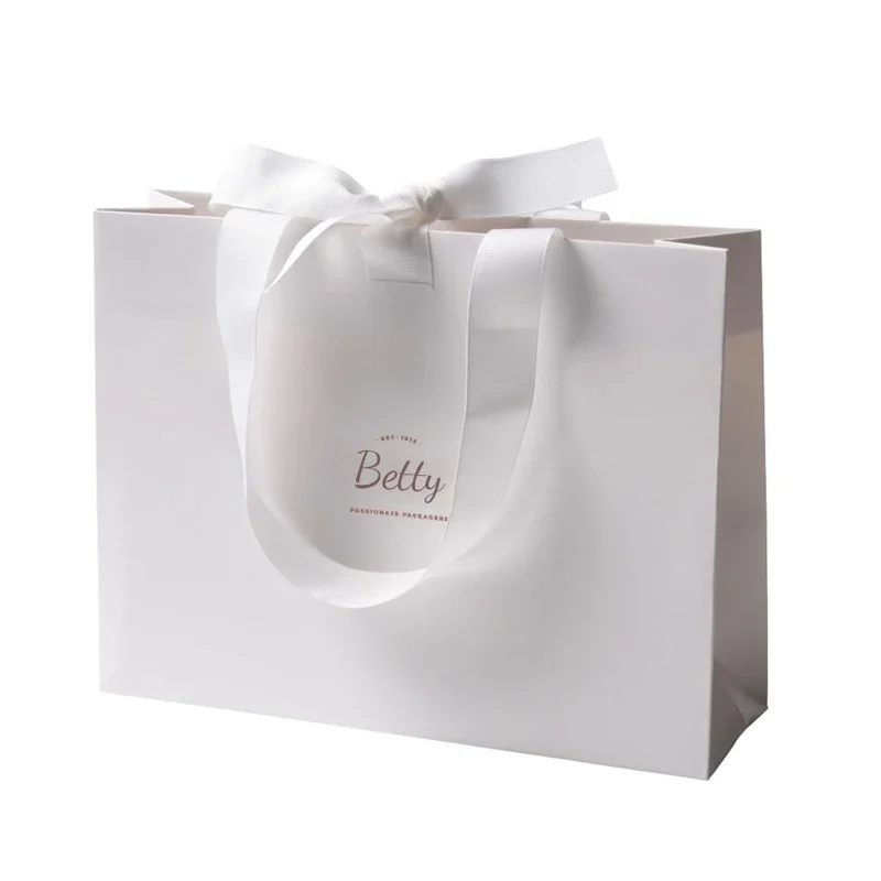 white Jewelry Paper Bag with pearl color ribbon Biodegradable Garment Custom Logo Print Extra Large Grocery Matt Lamination