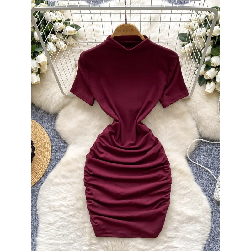 Ins ผู้หญิงฤดูร้อนคอเต่าจีบ bodycon มินิสั้นชุดลําลอง ruched party t เสื้อชุด draped night club sheath vestidos