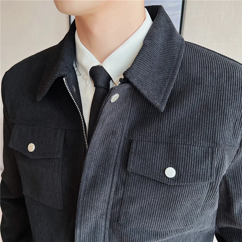 2023 Autumn Winter New Thicke Corduroy Jacket Fashion Men Lapel Short Coats Male Multiple Pockets Business Social Overcoat