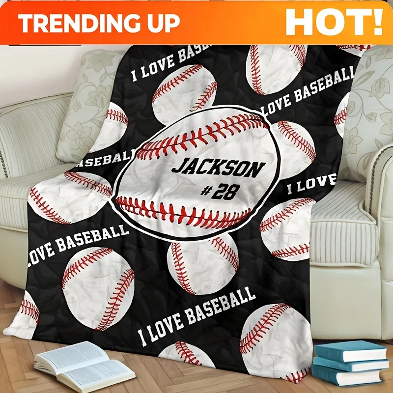 Customize 1pc Custom Baseball-Themed Throw Blanket with Personalized Name & Number - 